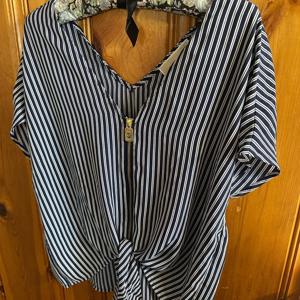 Michael Kors Navy and White Striped Zip-Front Tie Hem Blouse